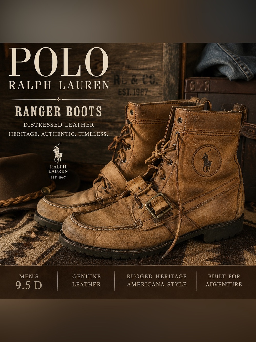Ralph Lauren Distressed Tan Leather Lace-Up Ranger Boots